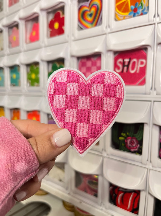 3” Pink Checkered Heart | Embroidered Patch